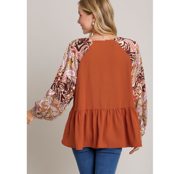"The Shelby" Orange Mixed Pattern Sleeve Top - Picture 3 of 3
